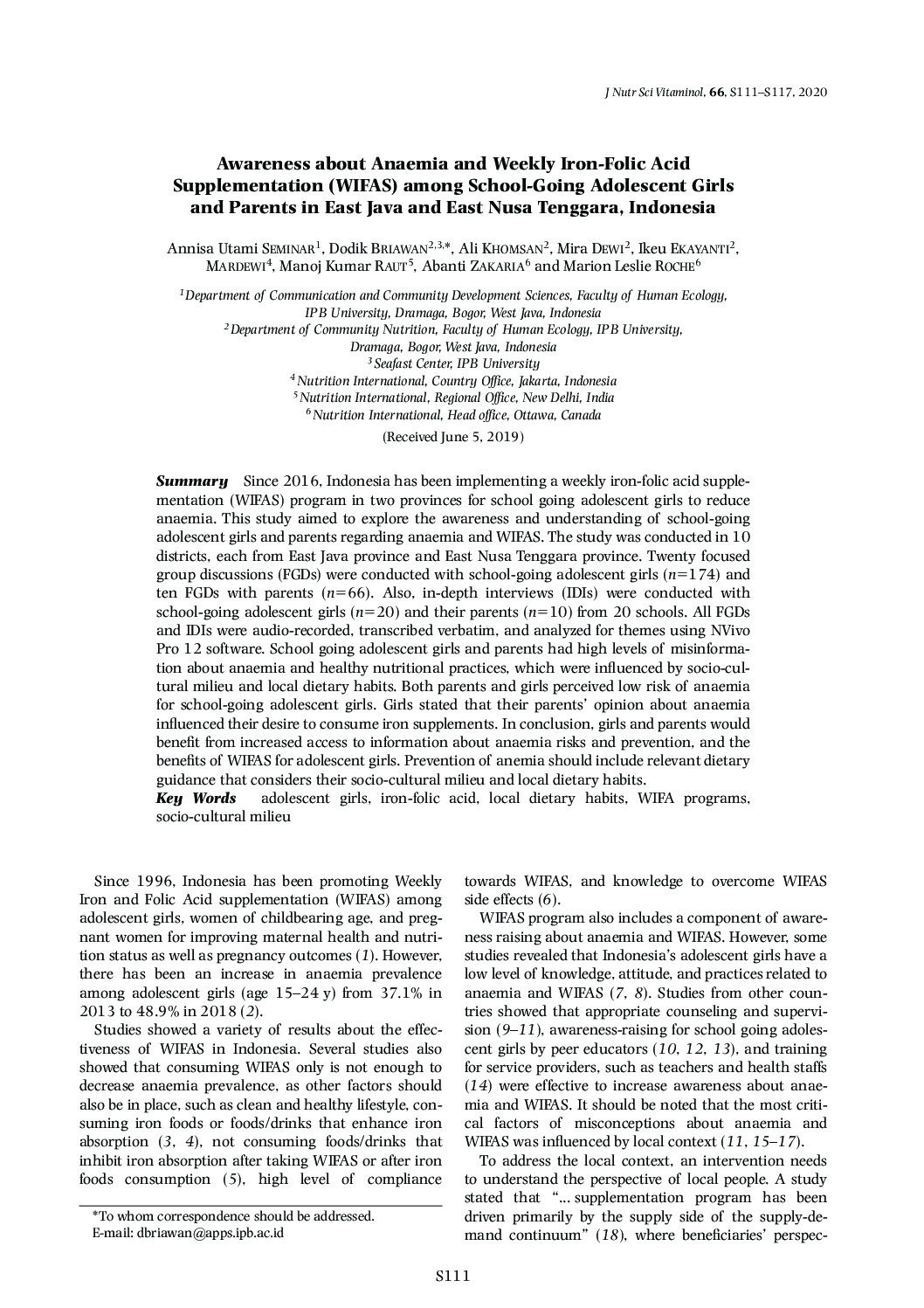 Awareness about anaemia and weekly iron-folic acid supplementation (WIFAS) among school-going adolescent girls and parents in East Java and East Nusa Tenggara, Indonesia thumbnail