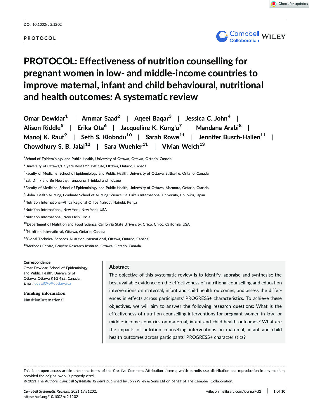 Effectiveness of nutrition counselling for pregnant women in low‐ and middle‐income countries to improve maternal, infant and child behavioural, nutritional and health outcomes: A systematic review thumbnail